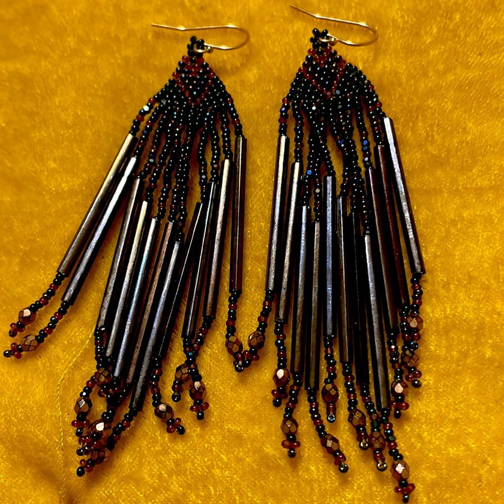 Brown Seed Beaded Long Fringe Dangle Earrings Handmade